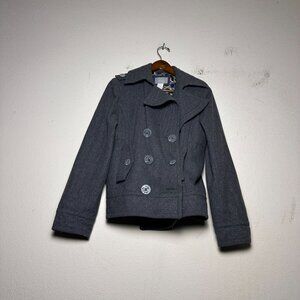 Delia Coat Jacket Women L Wool Blend Grey Polka Dot Lining Double Breasted Warn